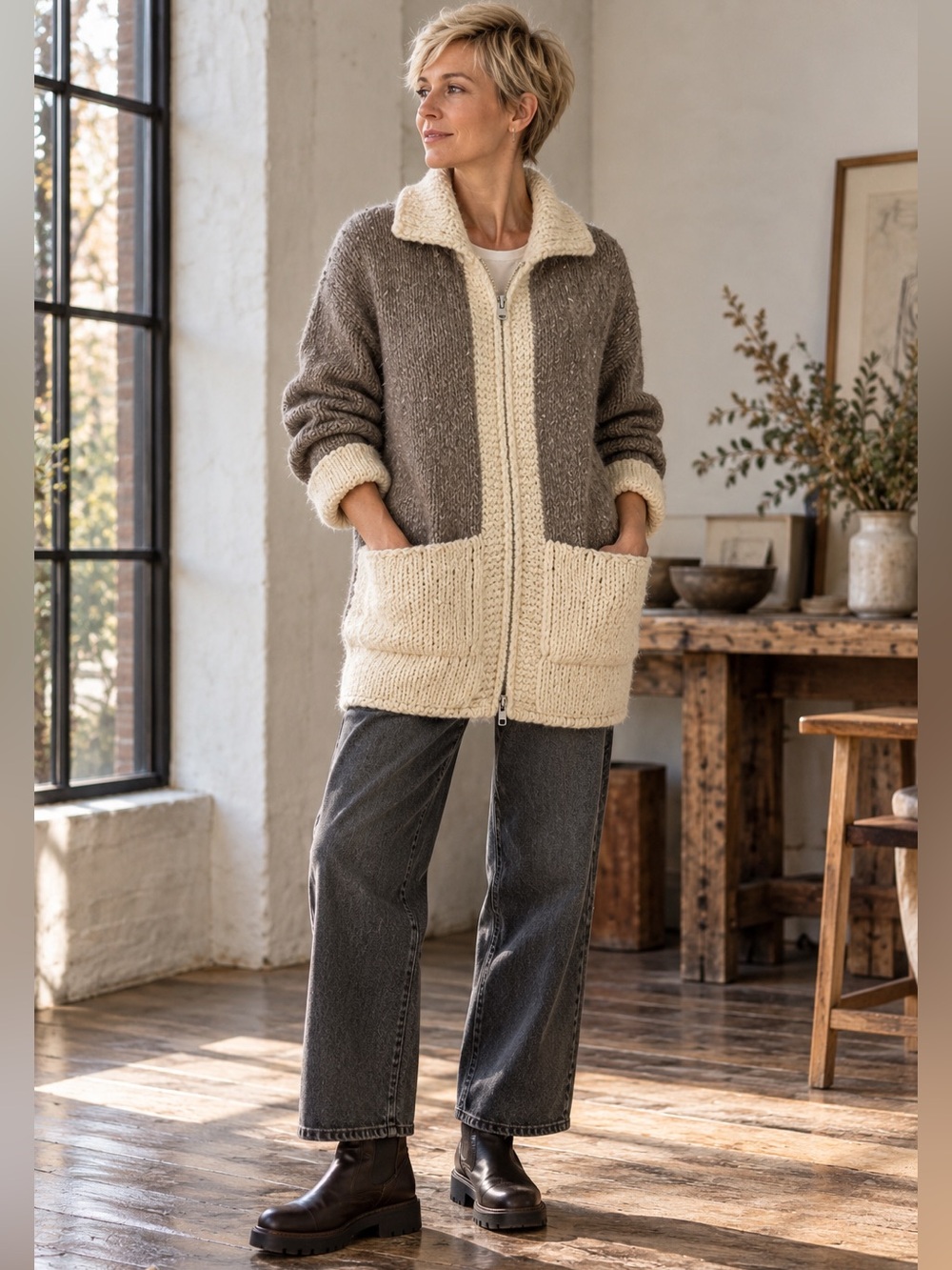 Frantic Vintage Hand Knit 100% Wool Oversized Zip Cardigan